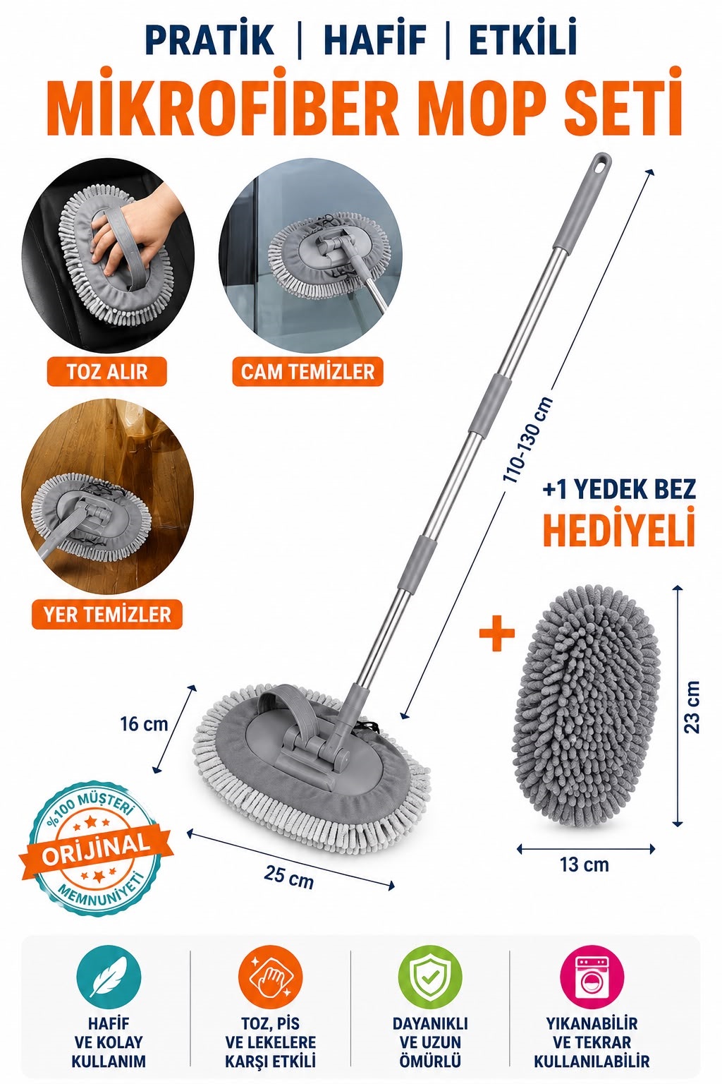 Gri Renk Araç Yıkama Mopu + Yedek Bez Hediyeli