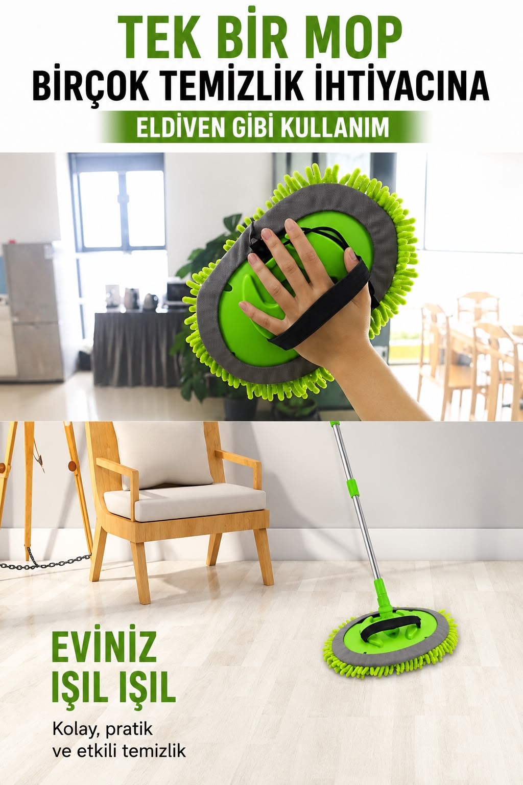 Yeşil Renk Araç Yıkama Mopu + Yedek Bez Hediyeli
