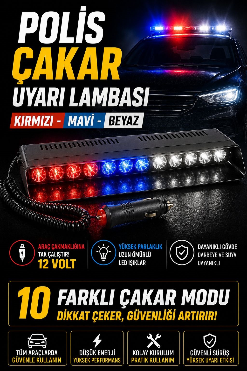 Polis Çakar 12 Ledli Mavi Kırmızı Beyaz Renk