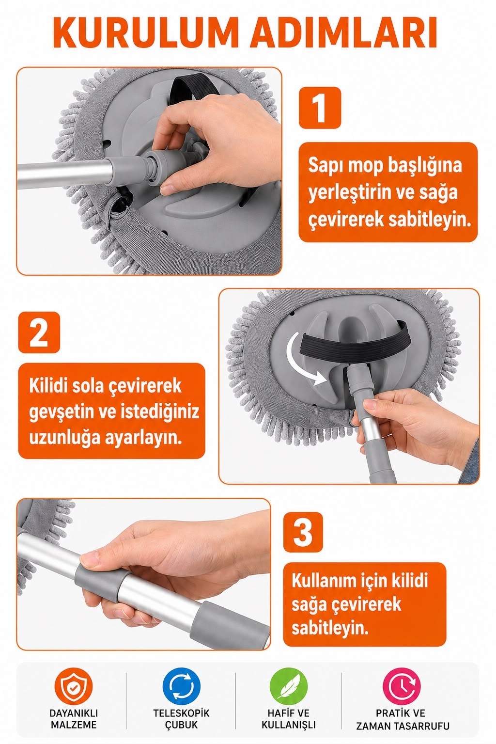 Gri Renk Araç Yıkama Mopu + Yedek Bez Hediyeli