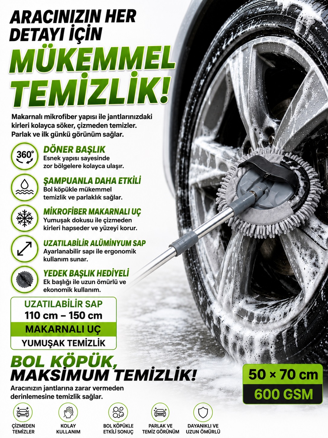 Gri Renk Araç Yıkama Mopu + Yedek Bez Hediyeli