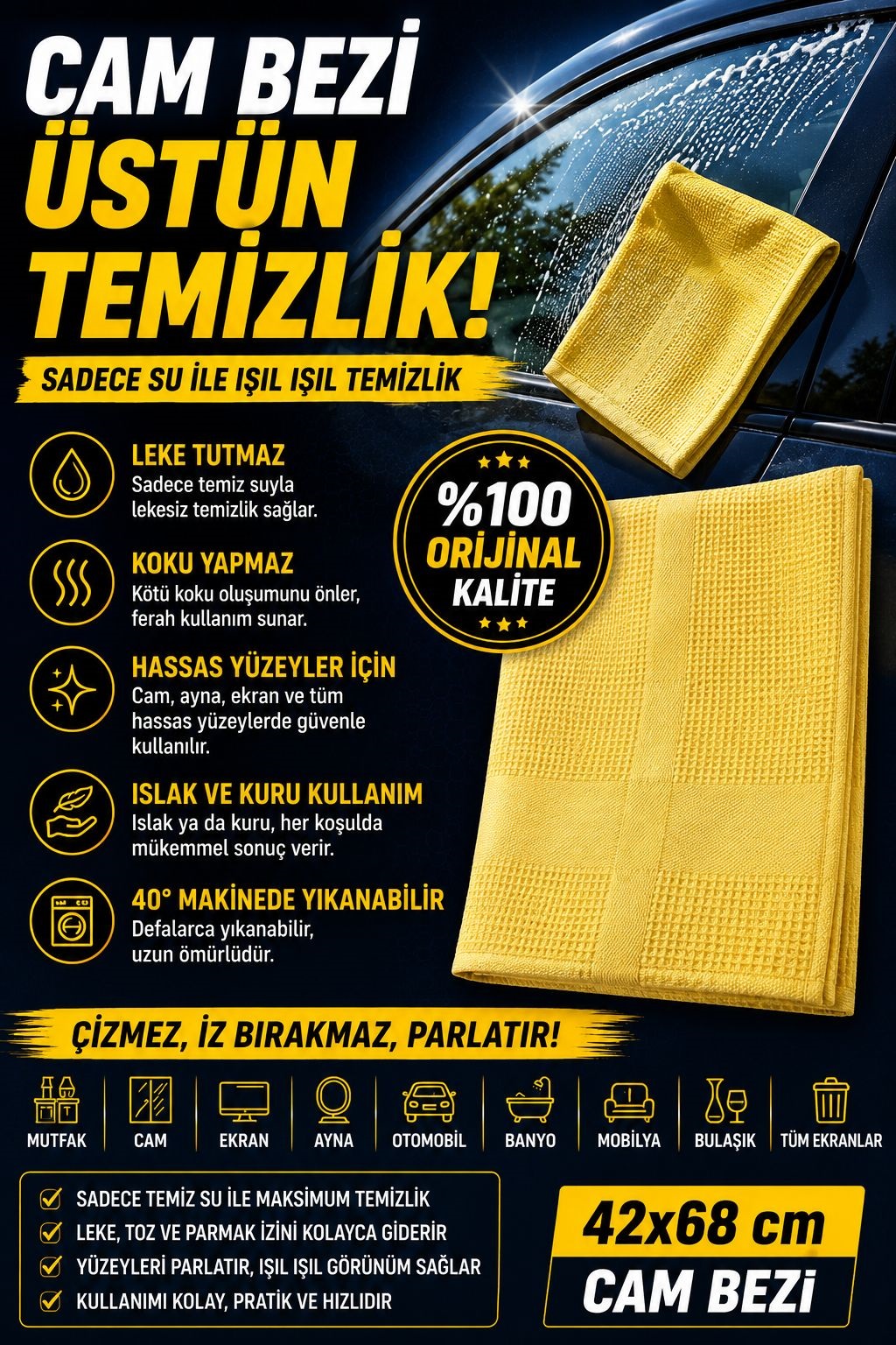 Mikrofiber Cam ve Temizlil Bezi 42X68 cm