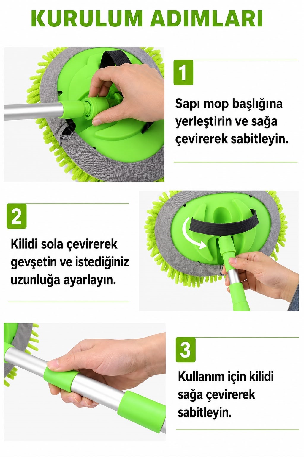 Yeşil Renk Araç Yıkama Mopu + Yedek Bez Hediyeli