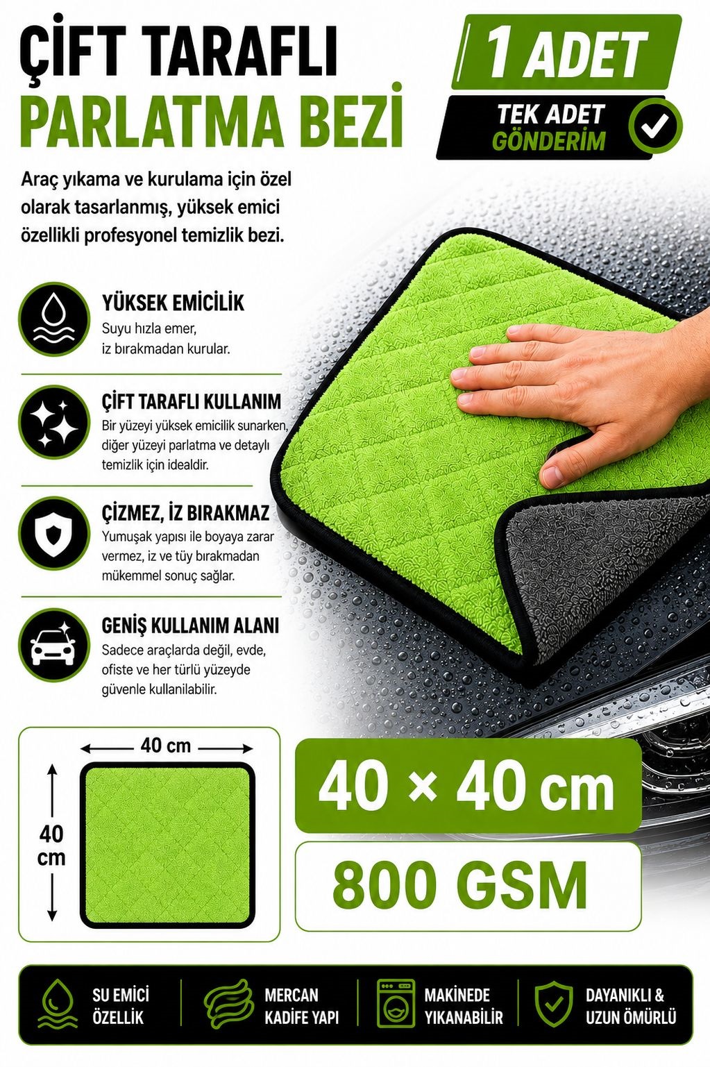 Yeşil - Gri Araç Kurulama ve Parlatma Bezi 40x40