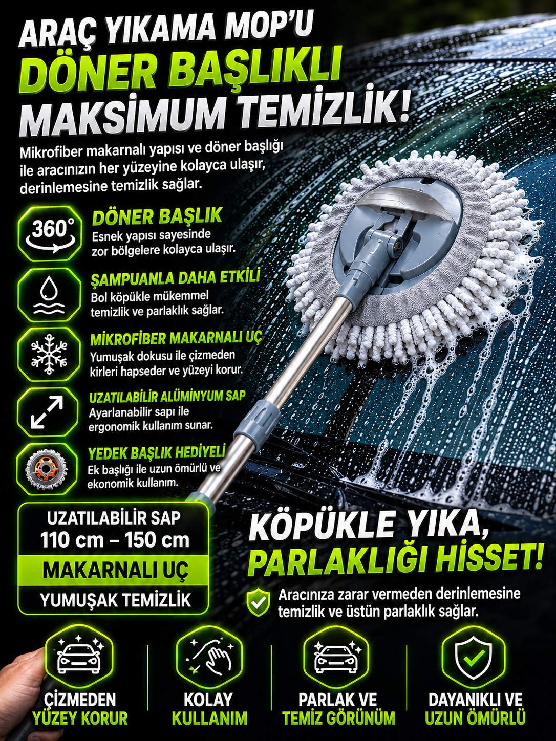 Gri Renk Araç Yıkama Mopu + Yedek Bez Hediyeli