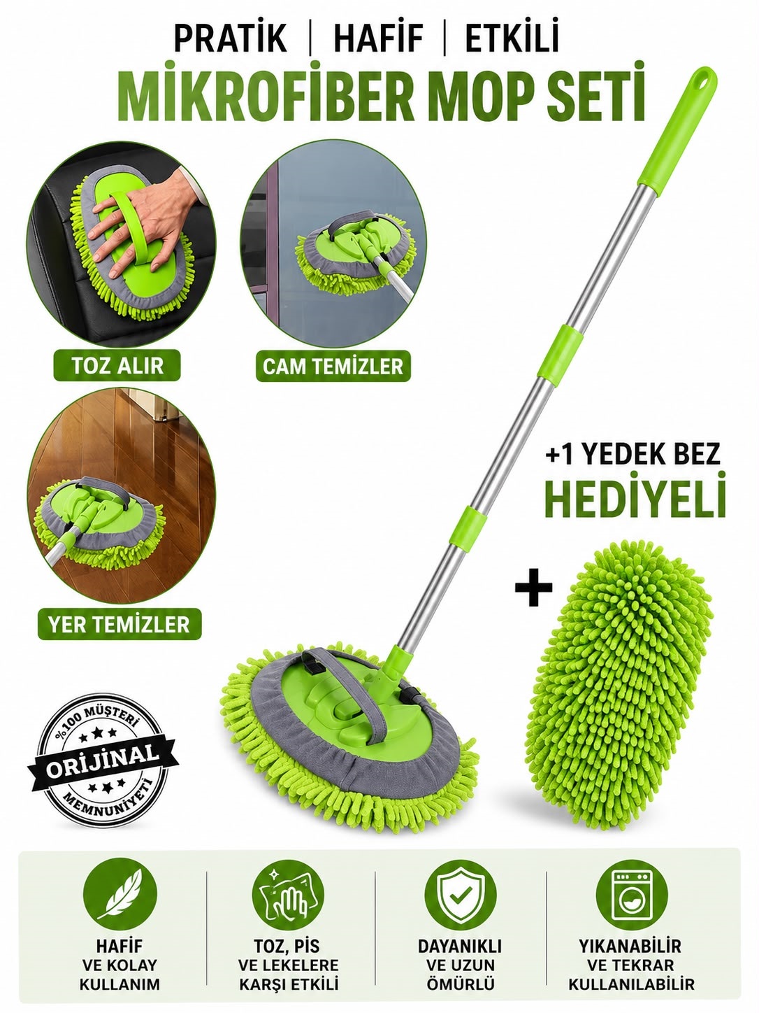 Yeşil Renk Araç Yıkama Mopu + Yedek Bez Hediyeli